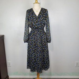 POPSUGAR Black Yellow White Blue Floral Feminine Midi Dress Size M